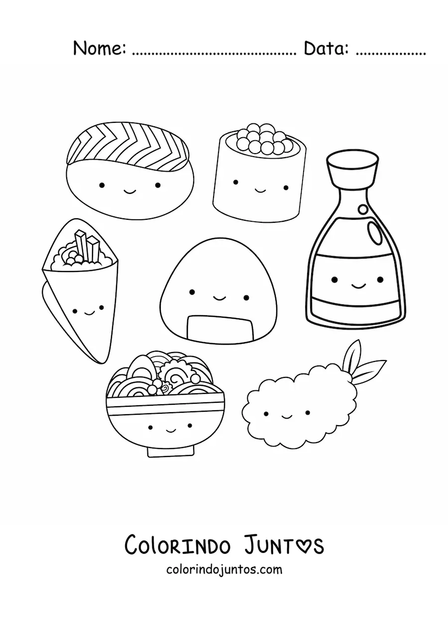 Desenho para colorir de comida japonesa animada