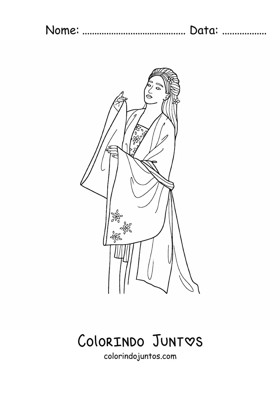 Desenho para colorir de mulher japonesa com quimono