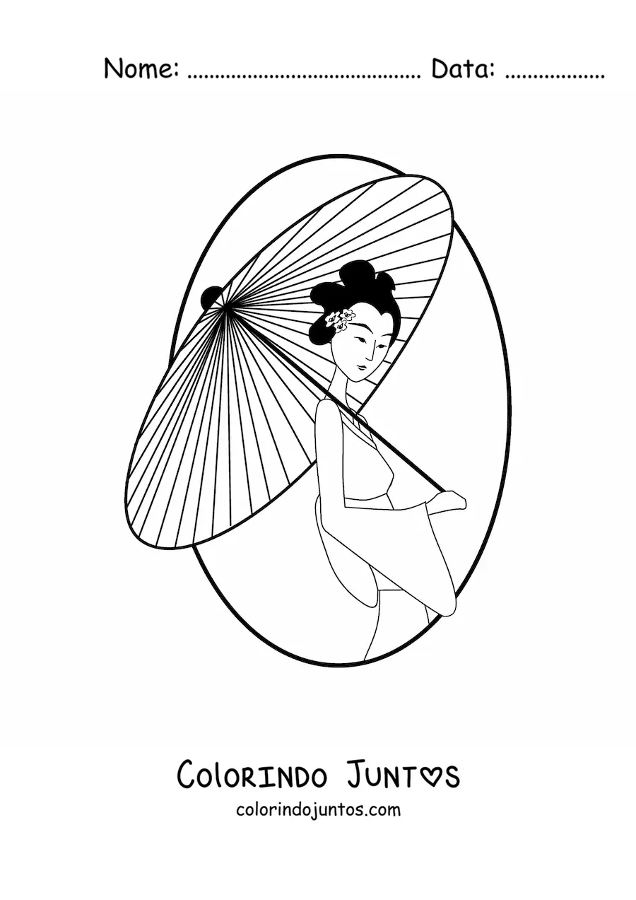 Desenho para colorir de gueixa com sombrinha