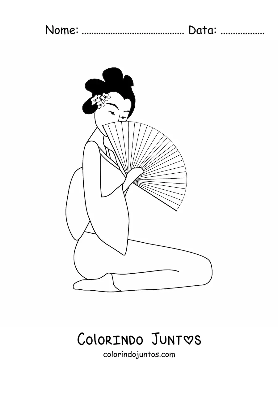 Desenho para colorir de gueixa com leque