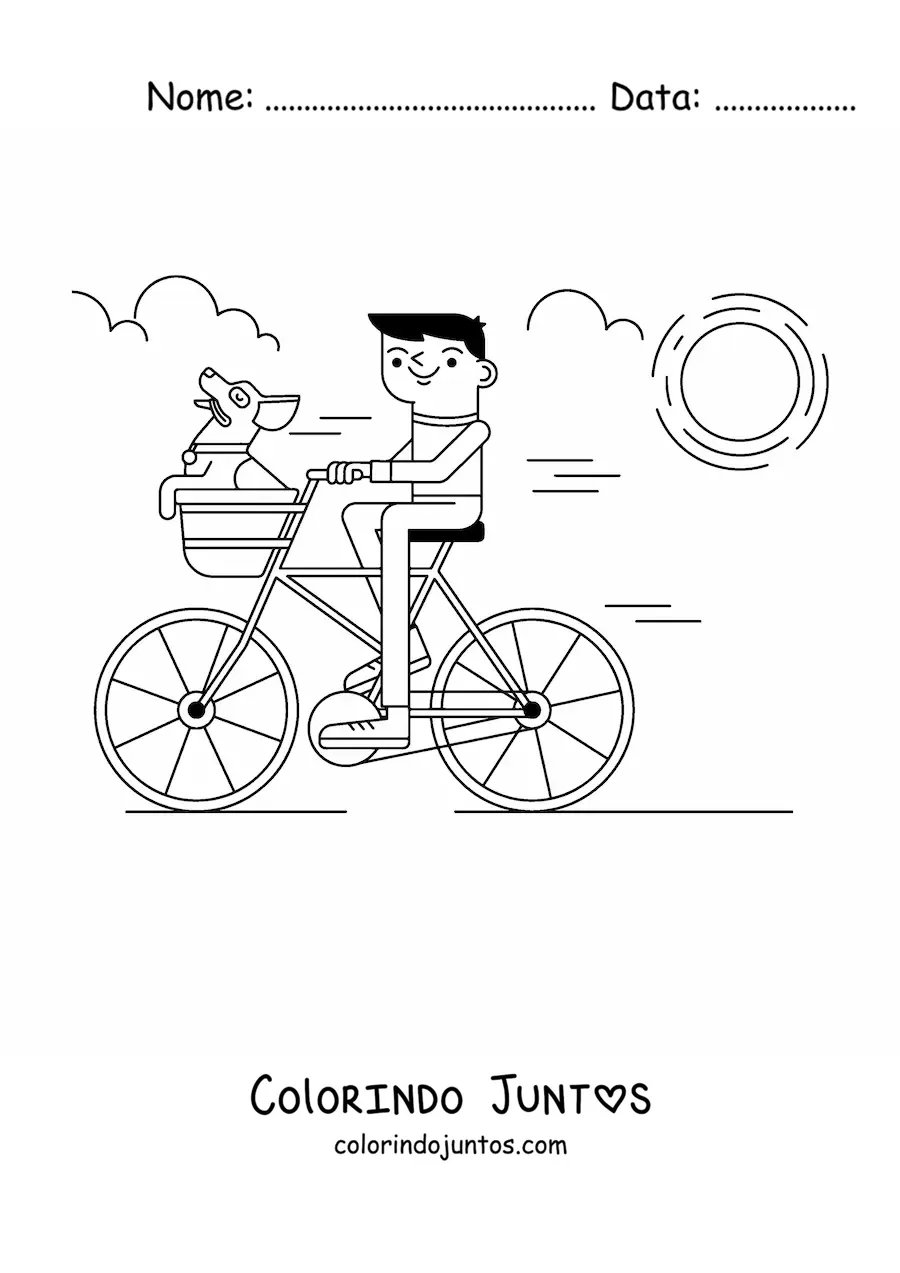 Desenho para colorir de um menino em uma bicicleta com um cachorro na cestinha