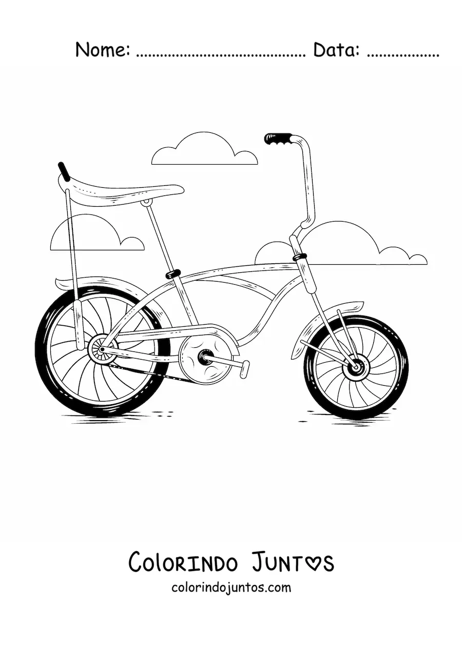 Desenho para colorir de uma bicicleta antiga com nuvens ao fundo