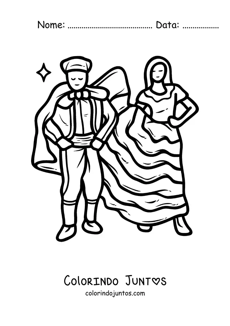 Desenho para colorir de bailarina de flamenco animada e seu par