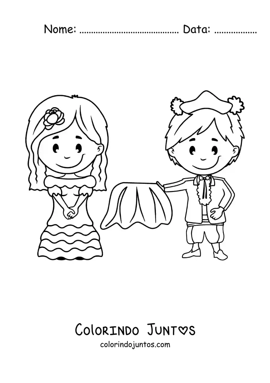Desenho para colorir de bailarina de flamenco animada e toureiro