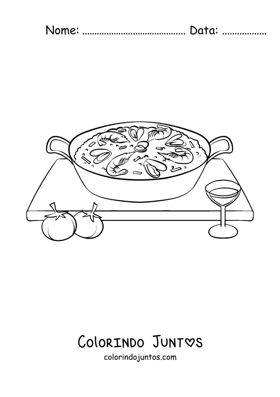 Desenho para colorir de paella tradicional da cultura espanhola