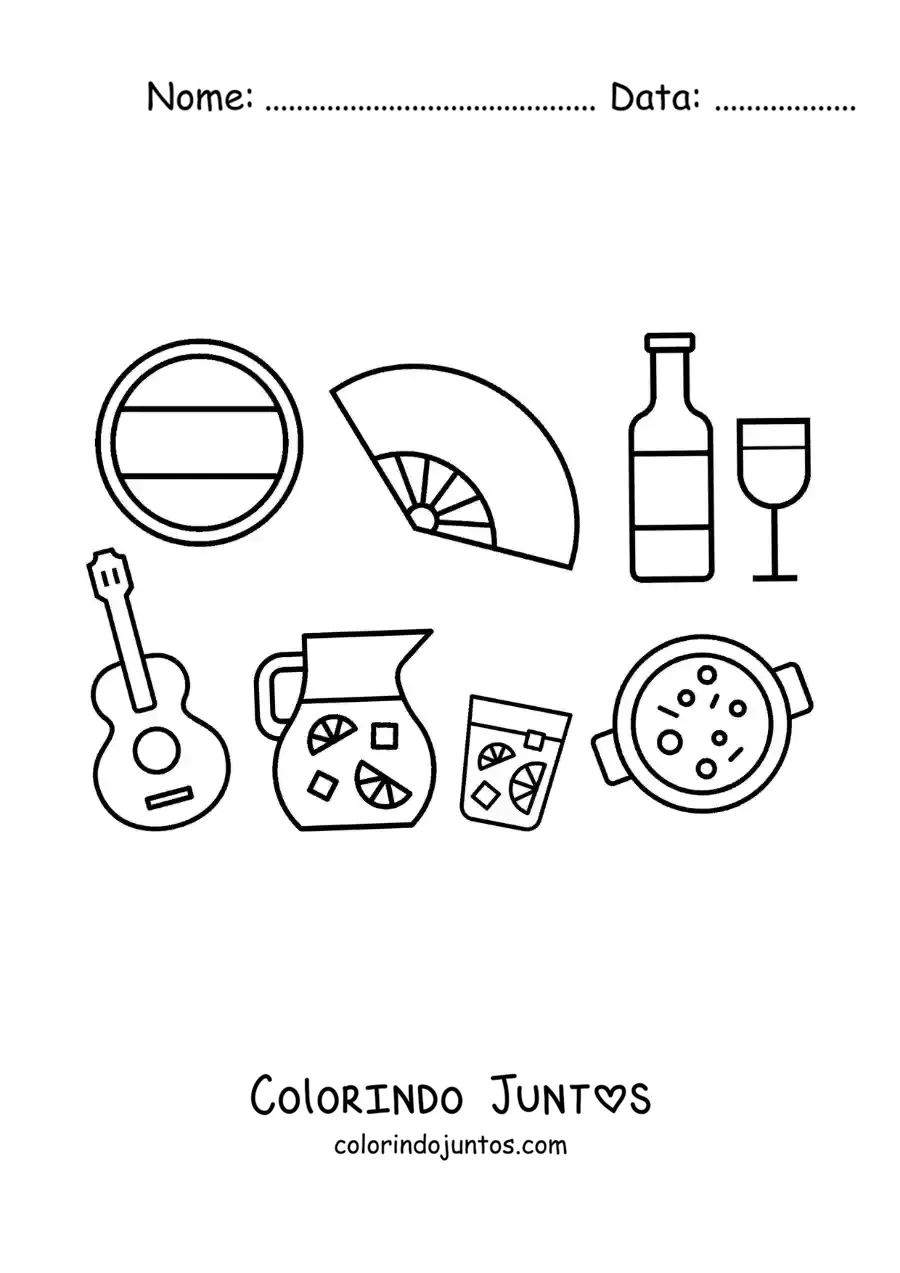 Desenho para colorir de elementos da cultura espanhola