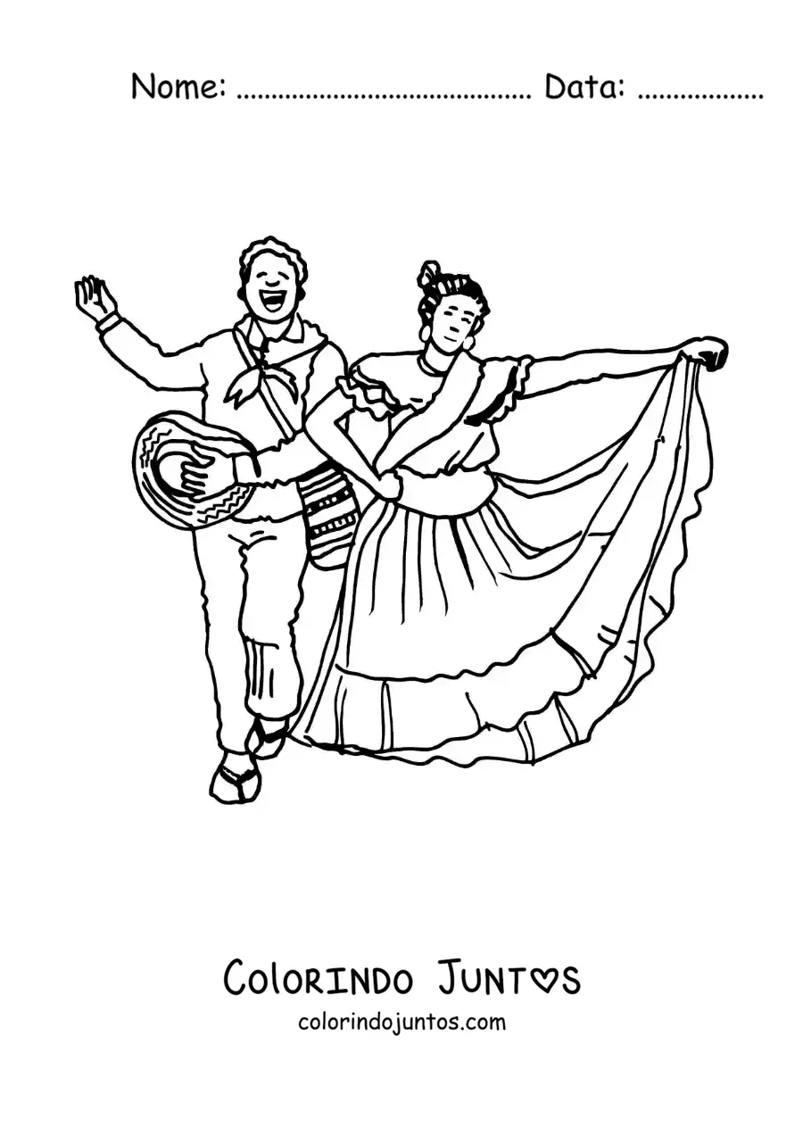Desenho para colorir de casal animado com traje tipico da Colombia