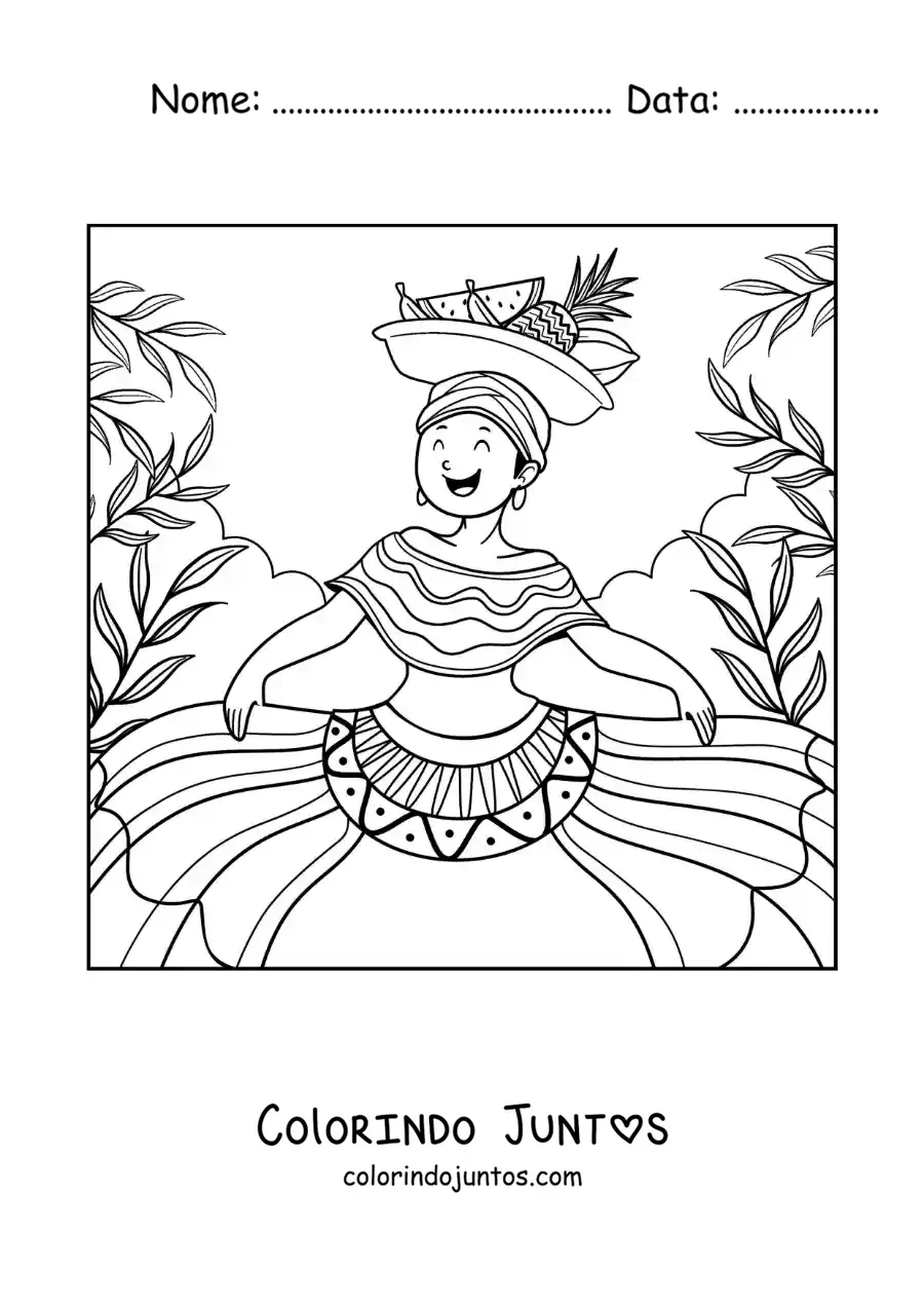 Desenho para colorir de mulher colombiana animada com traje tradicional