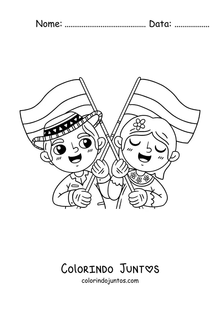 Desenho para colorir de criancas colombianas animadas com a bandeira