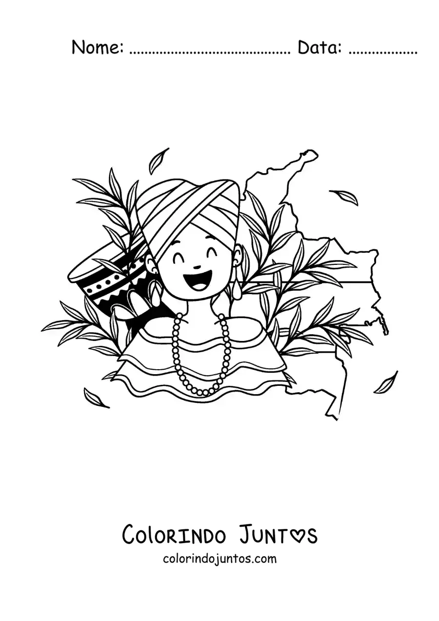 Desenho para colorir de mulher com traje tradicional e o mapa da Colombia