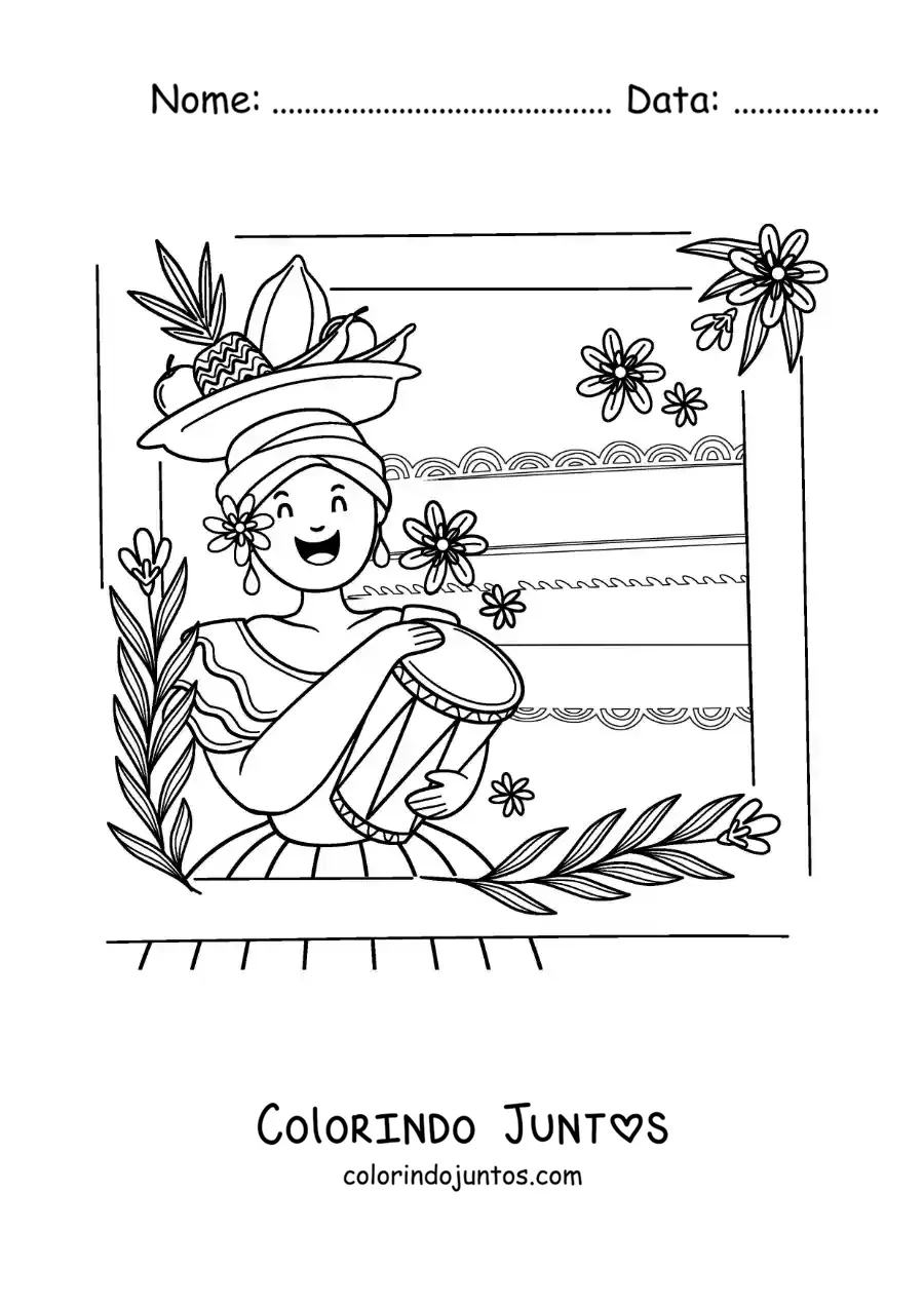 Desenho para colorir de mulher com traje tradicional colombiano tocando tambores