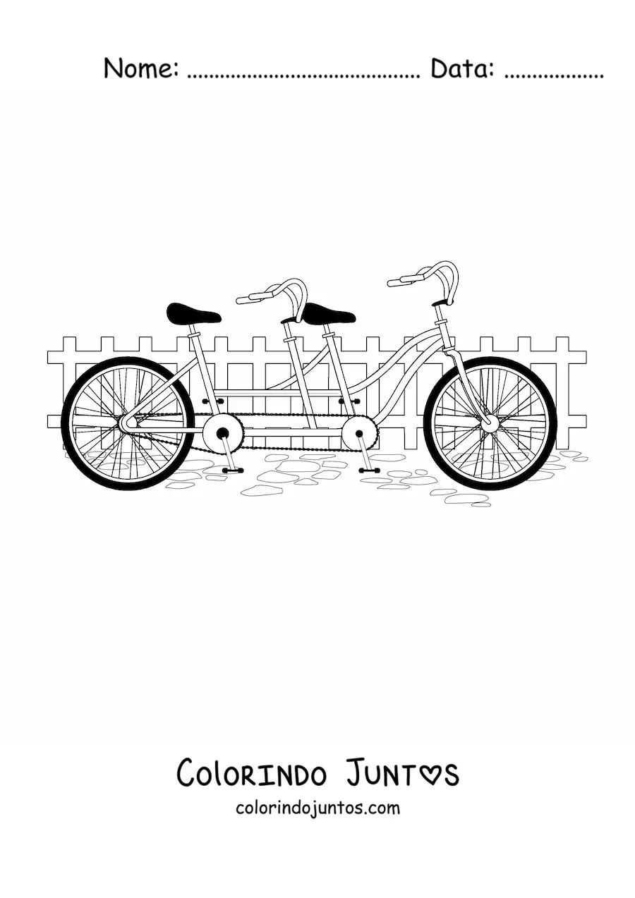 Desenho para colorir de uma bicicleta dupla com uma cerca ao fundo