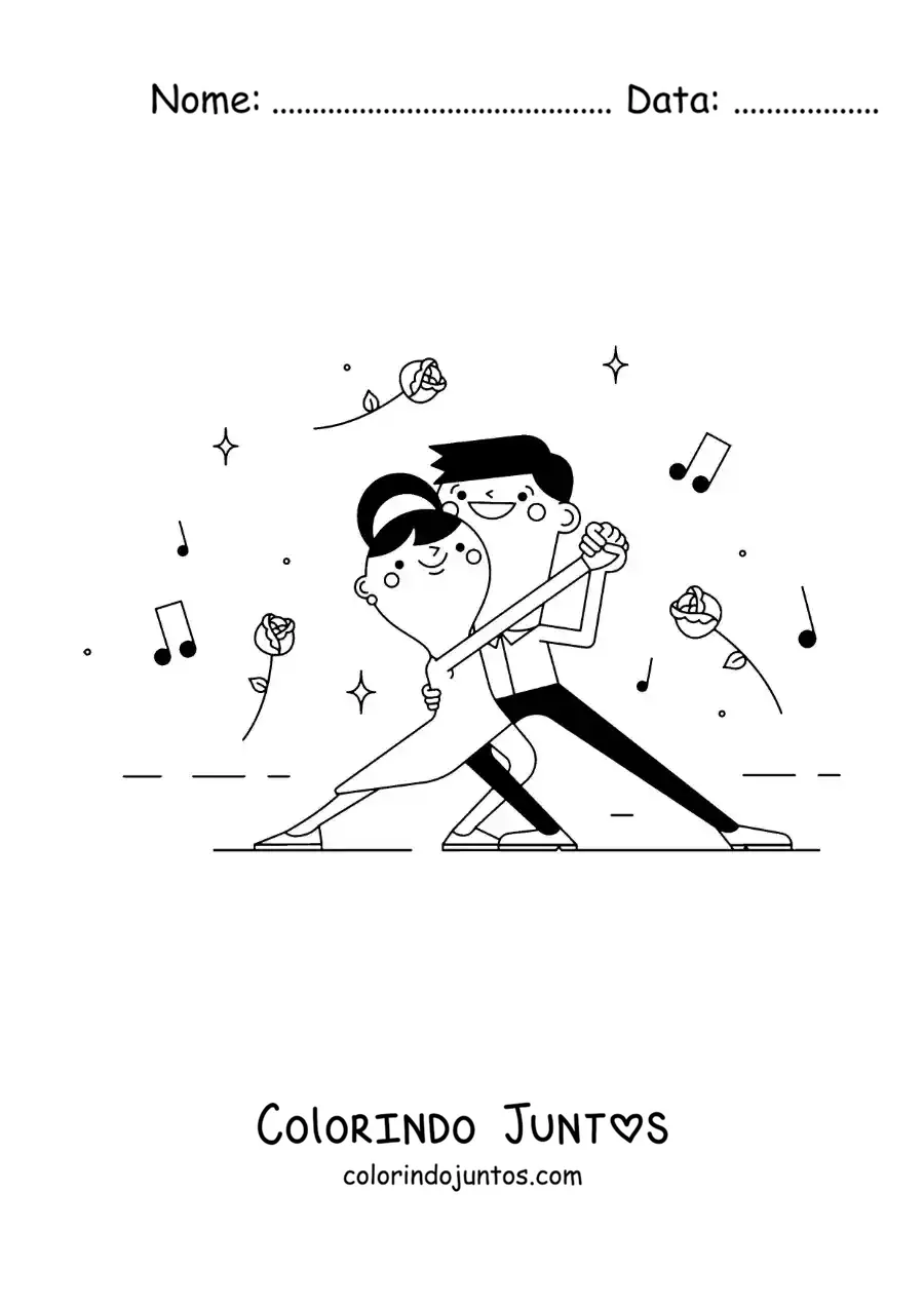 Desenho para colorir de casal kawaii dancando tango argentino