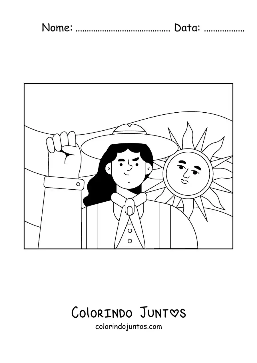 Desenho para colorir de mulher argentina animada com a bandeira