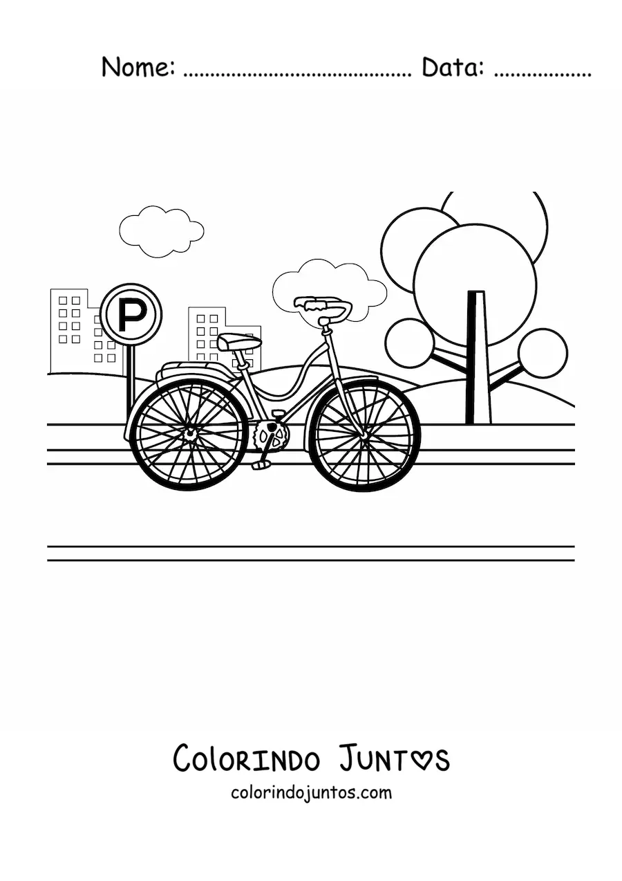 Desenho para colorir de uma bicicleta no parque com predios ao fundo