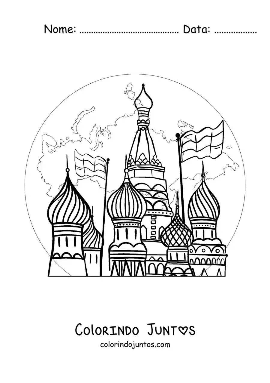 Desenho para colorir de catedral de Sao Basilio com o mapa da Russia