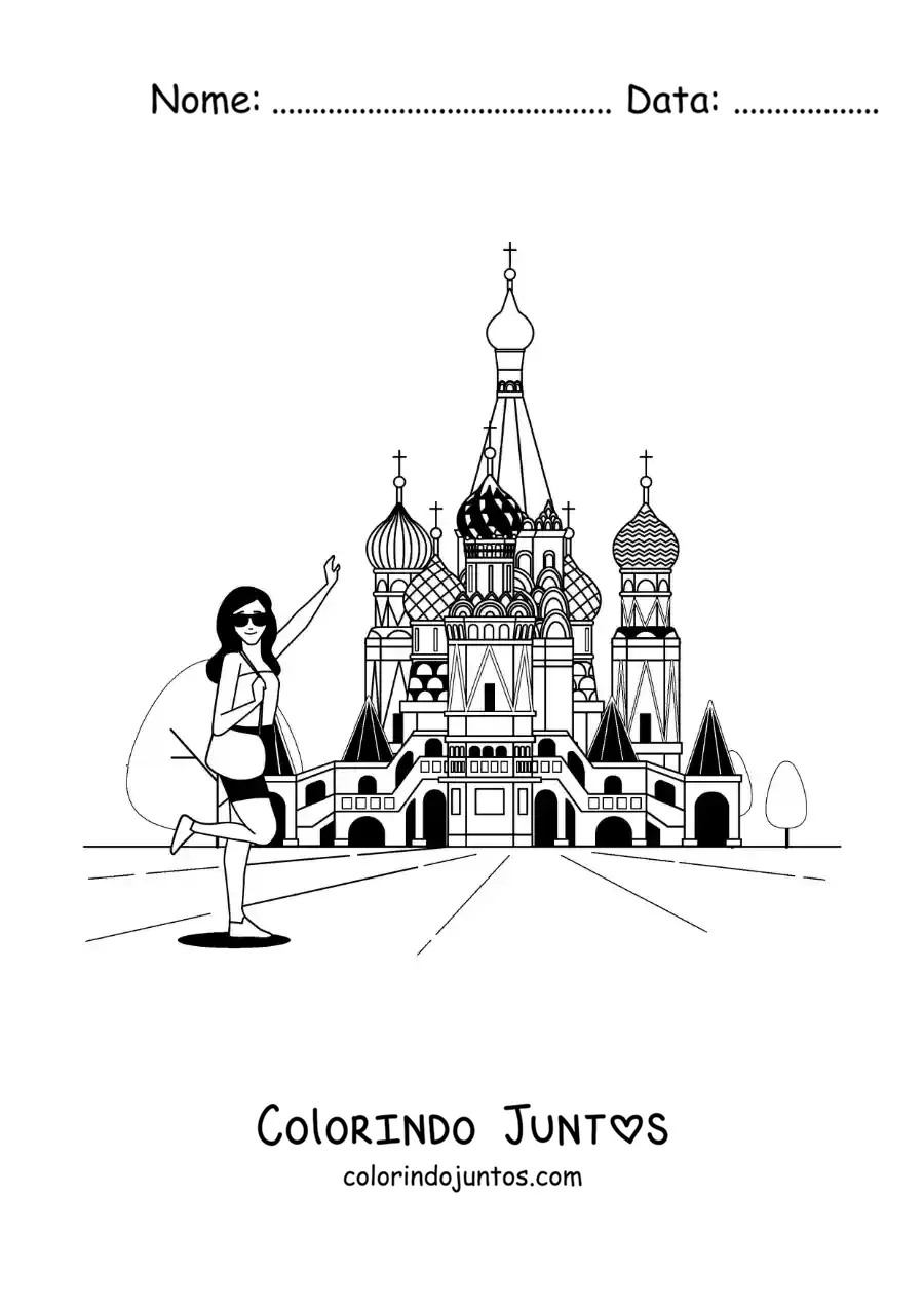 Desenho para colorir de menina turista na catedral de Sao Basilio