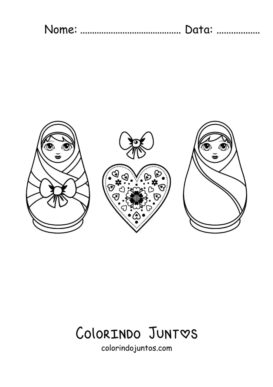 Desenho para colorir de bonecas russas animadas com um coracao