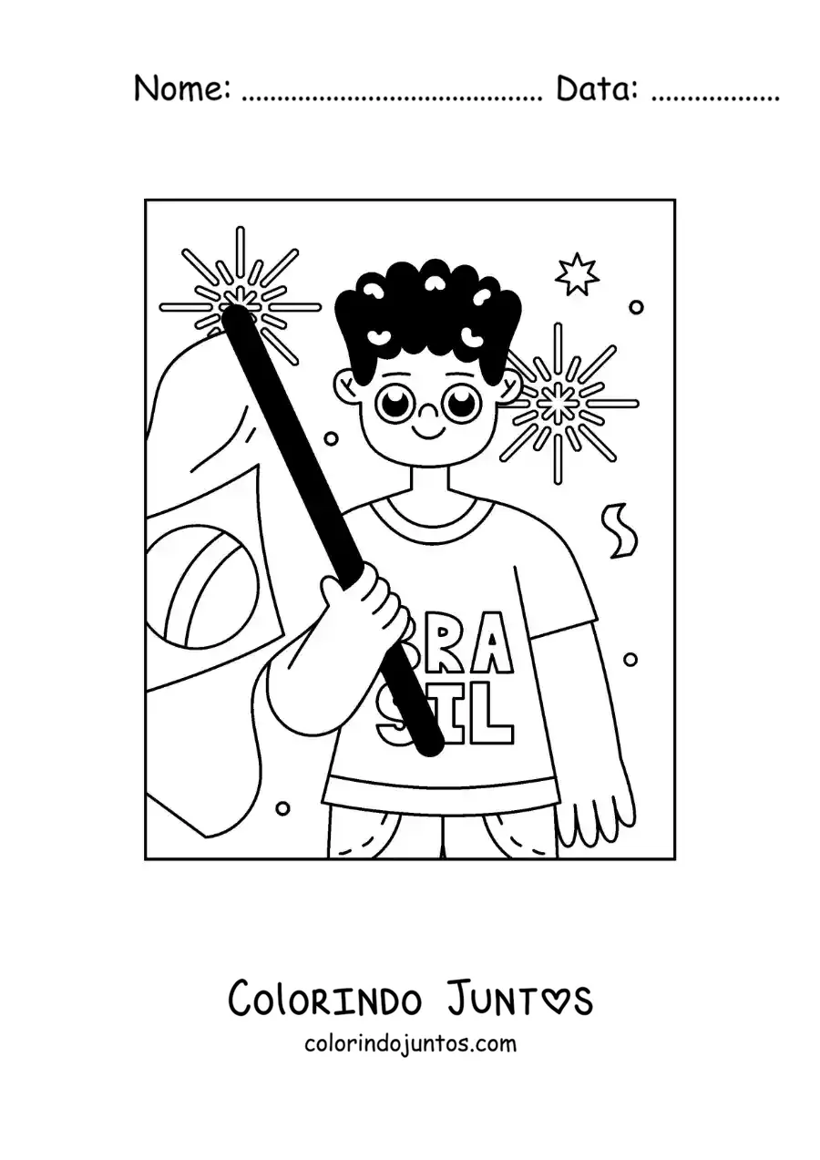 Desenho para colorir de menino com a bandeira do Brasil