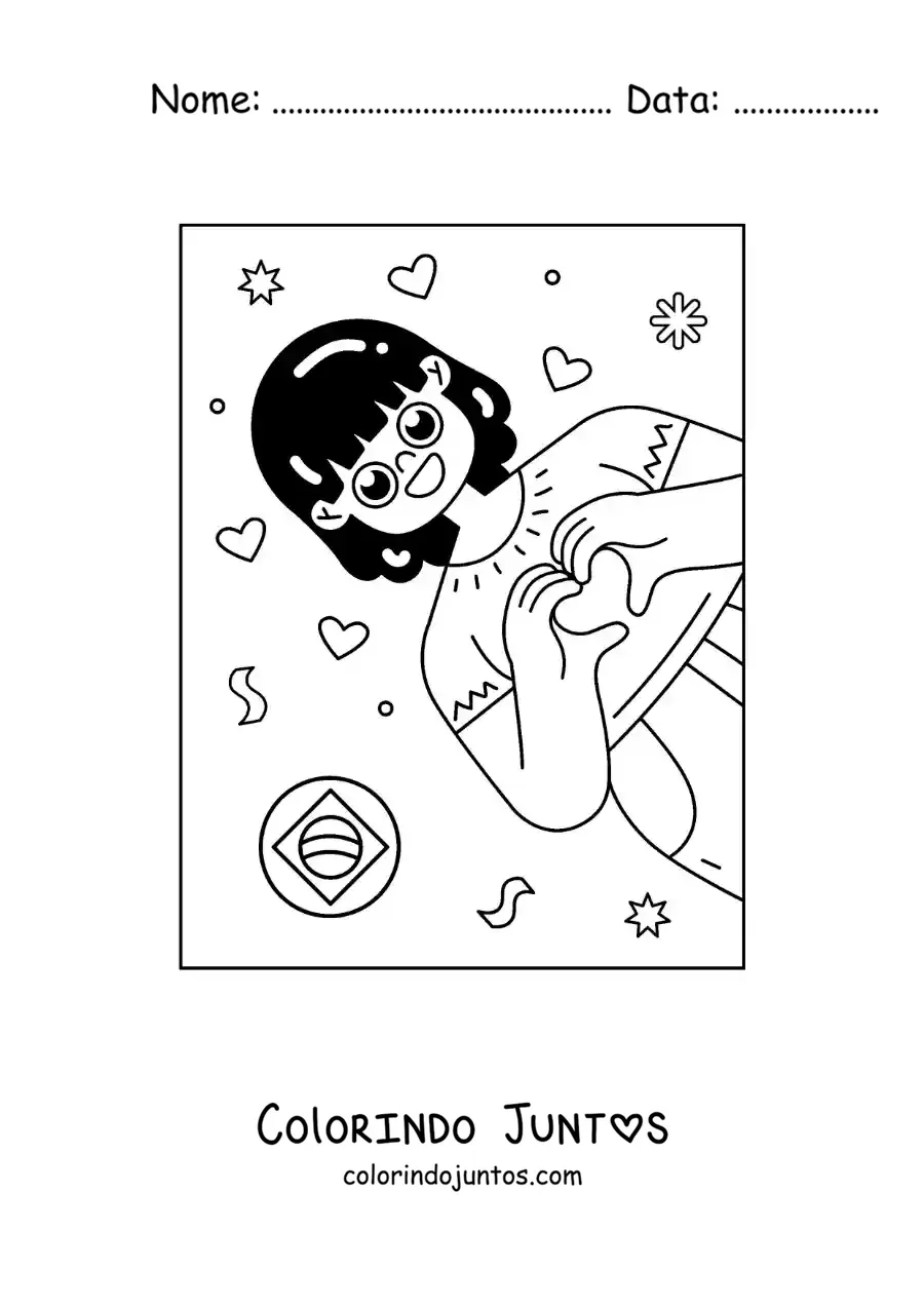 Desenho para colorir de menina com emoji do Brasil