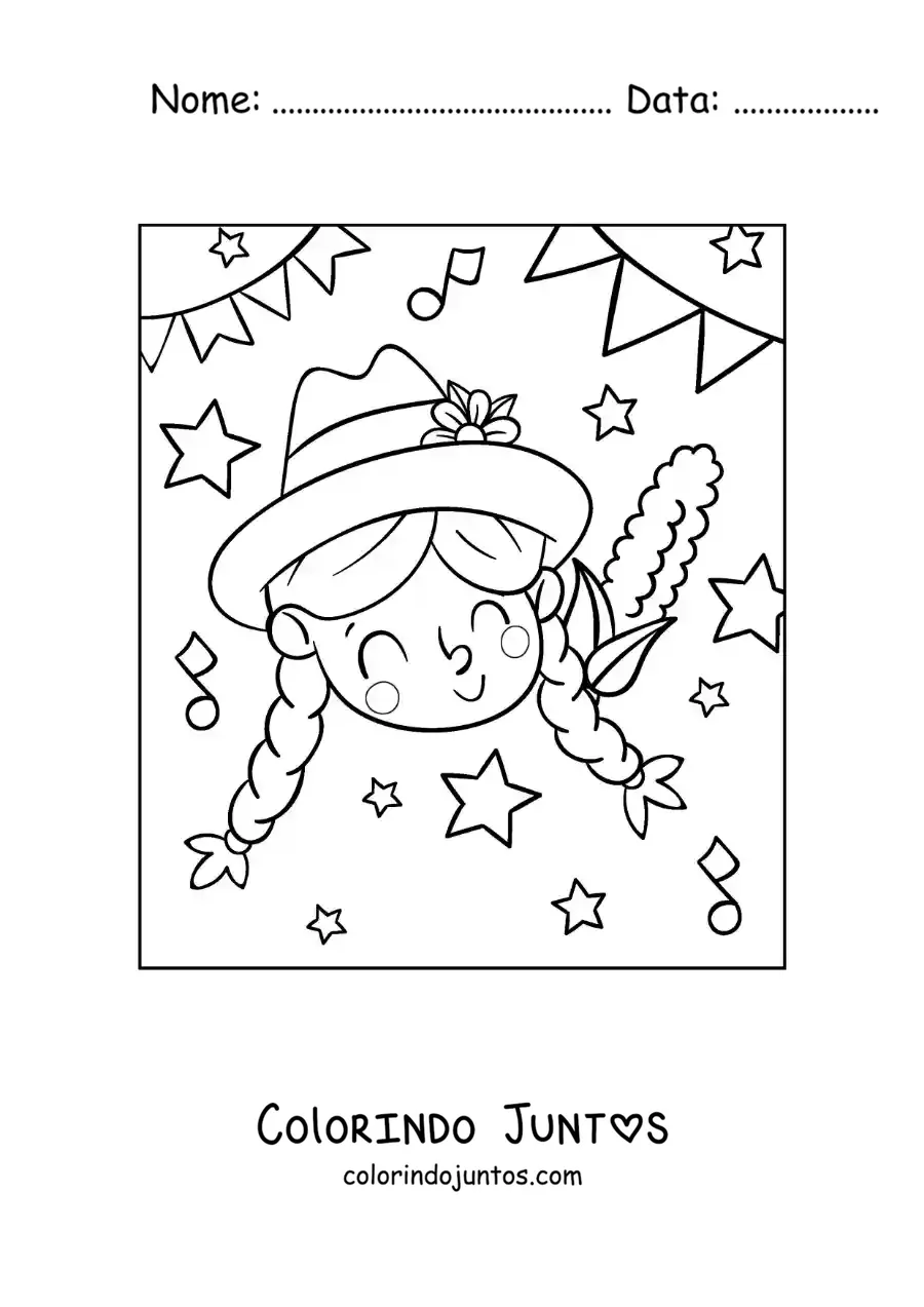 Desenho para colorir de menina do Brasil celebrando as festas juninas