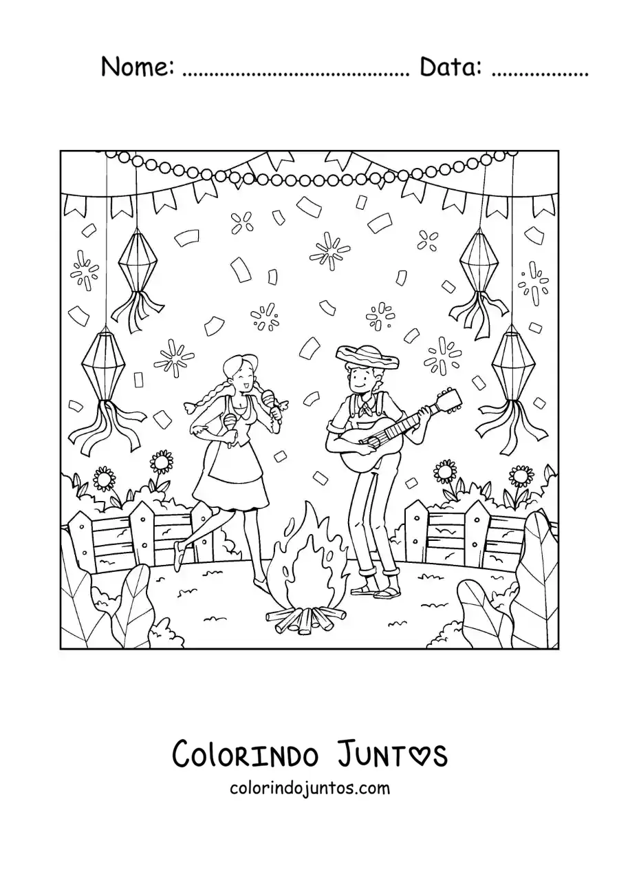 Desenho para colorir de casal celebrando as festas juninas tradicionais do Brasil