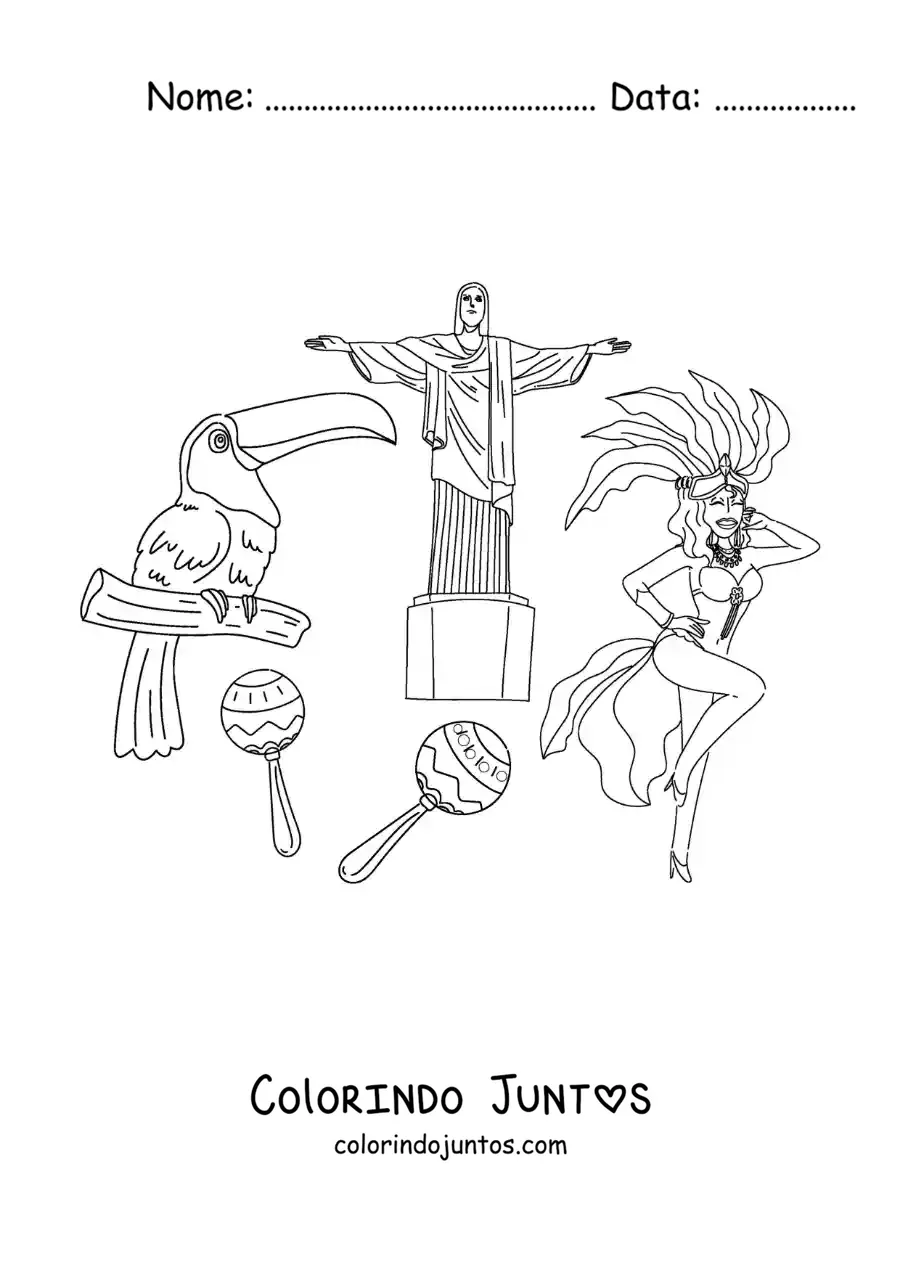 Desenho para colorir de Cristo Redentor e elementos da cultura do Brasil