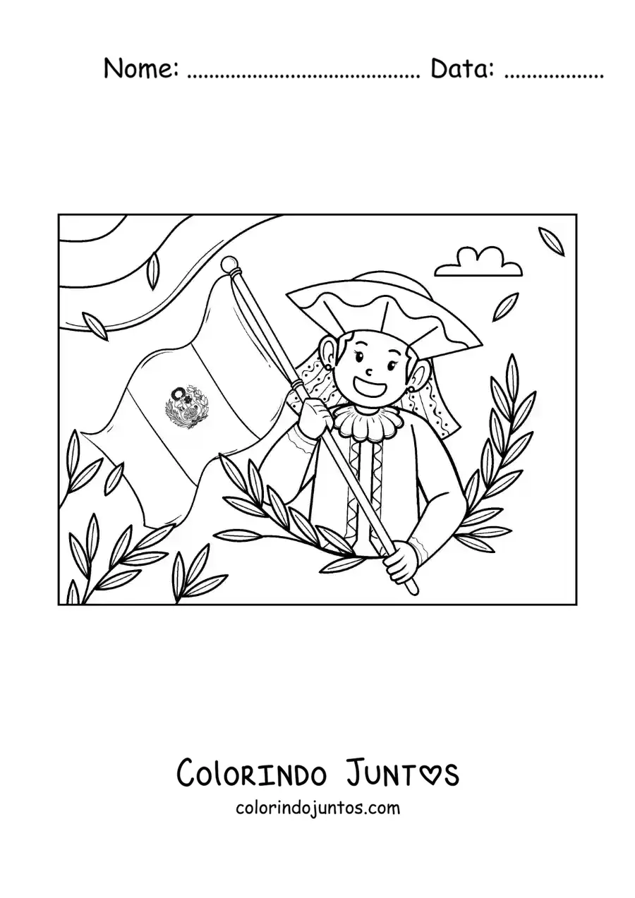 Desenho para colorir de menina animada com a bandeira do Peru