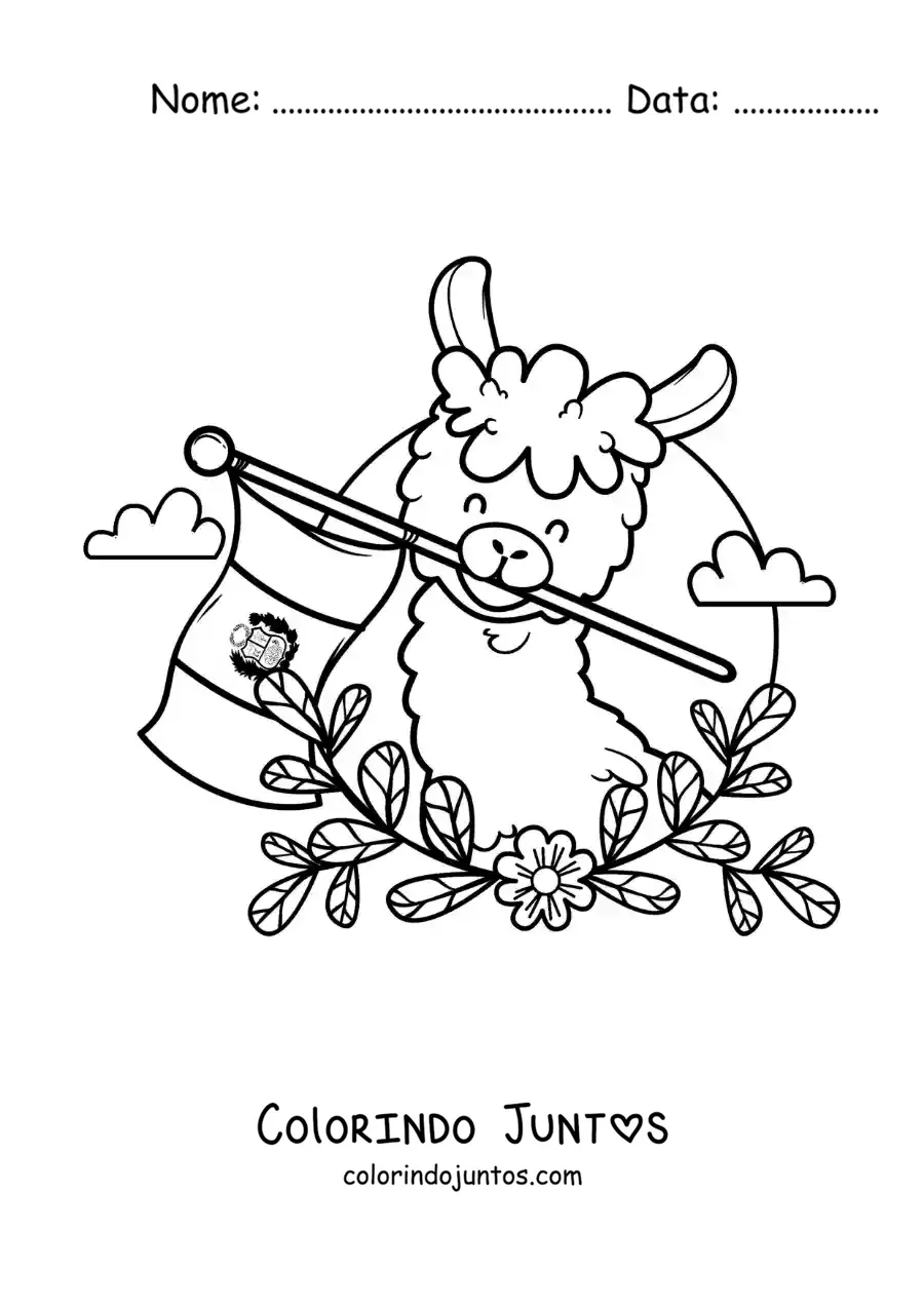 Desenho para colorir de alpaca animada com a bandeira do Peru