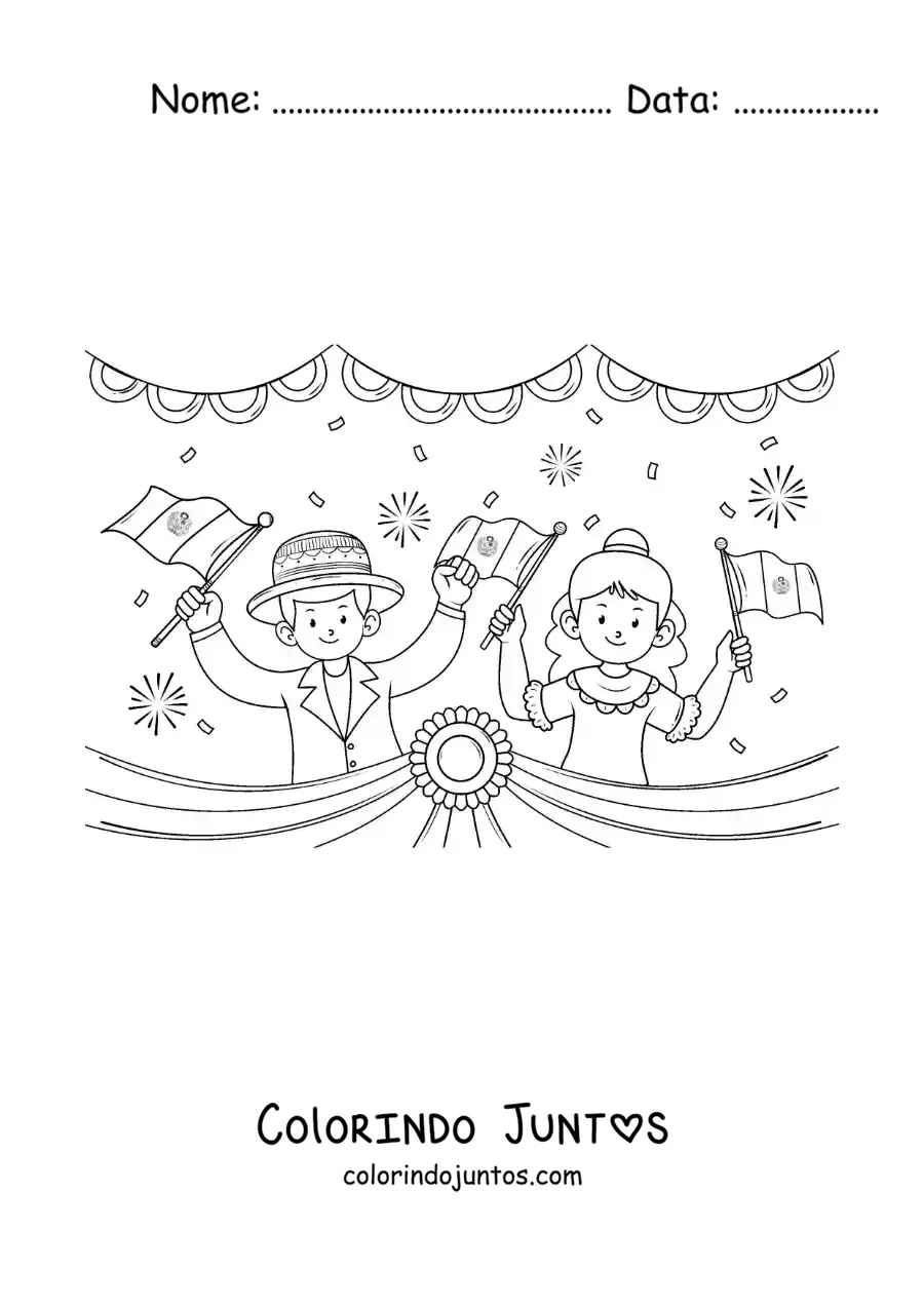 Desenho para colorir de criancas animadas com a bandeira do Peru