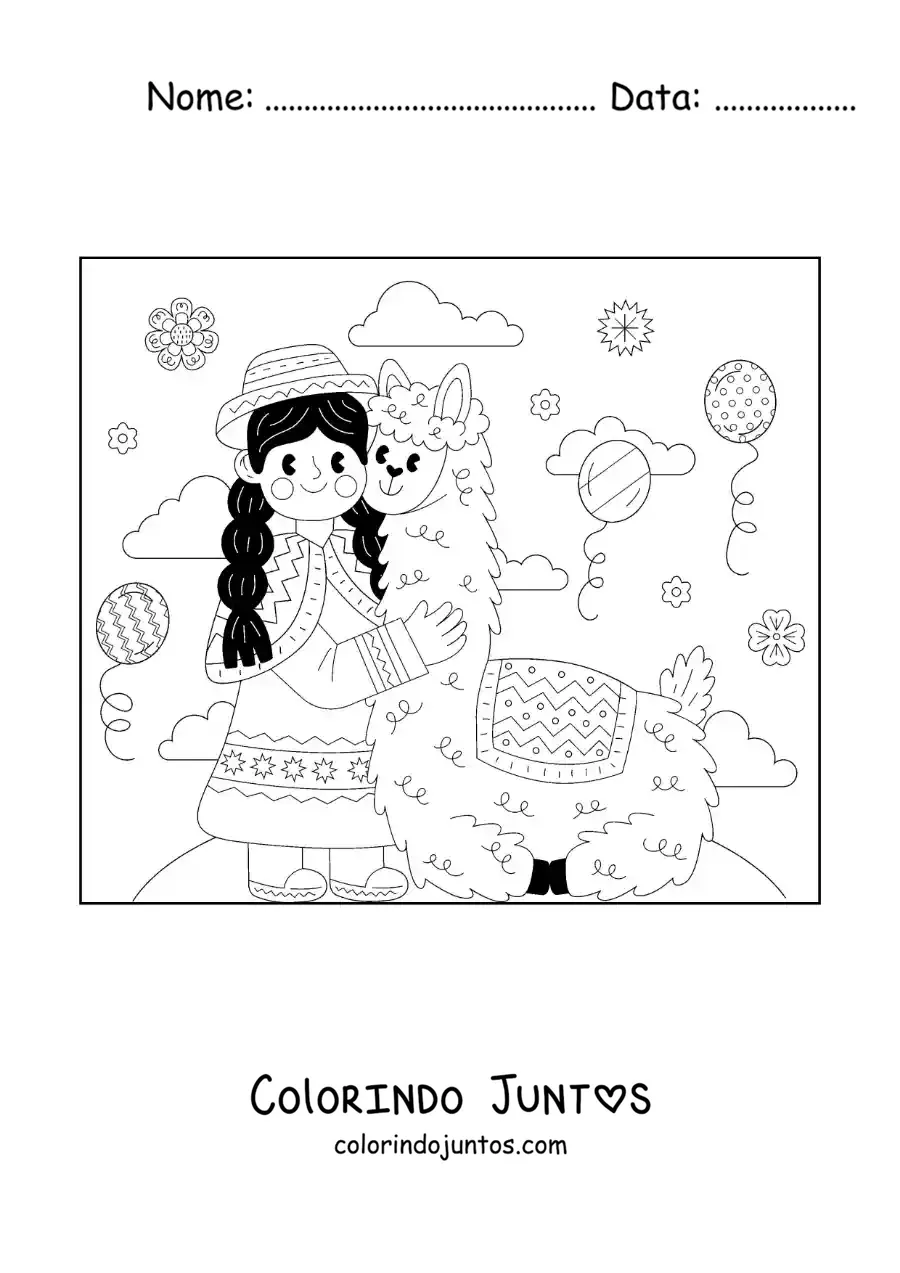 Desenho para colorir de menina peruana com traje tradicional e uma alpaca