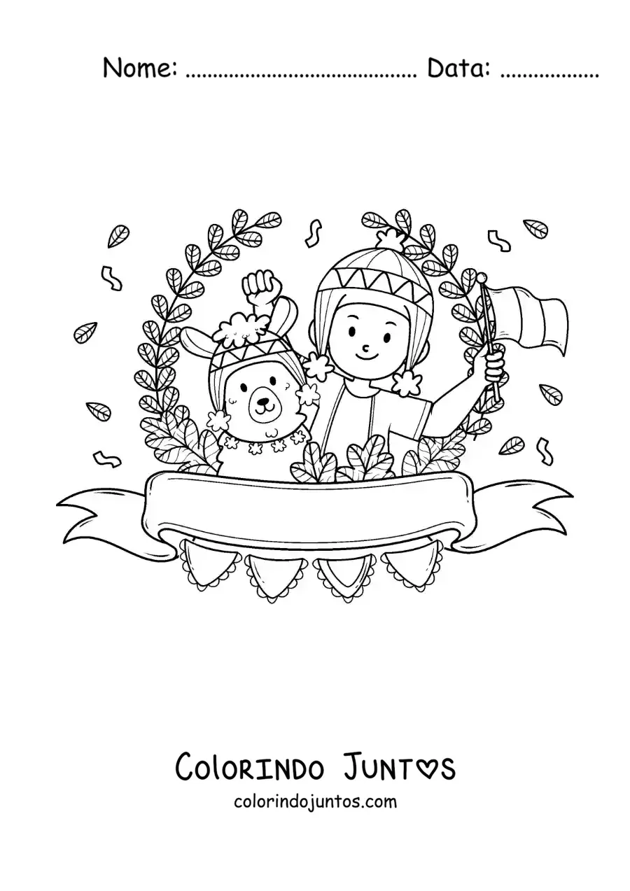 Desenho para colorir de menino peruano com traje tradicional e uma alpaca animada