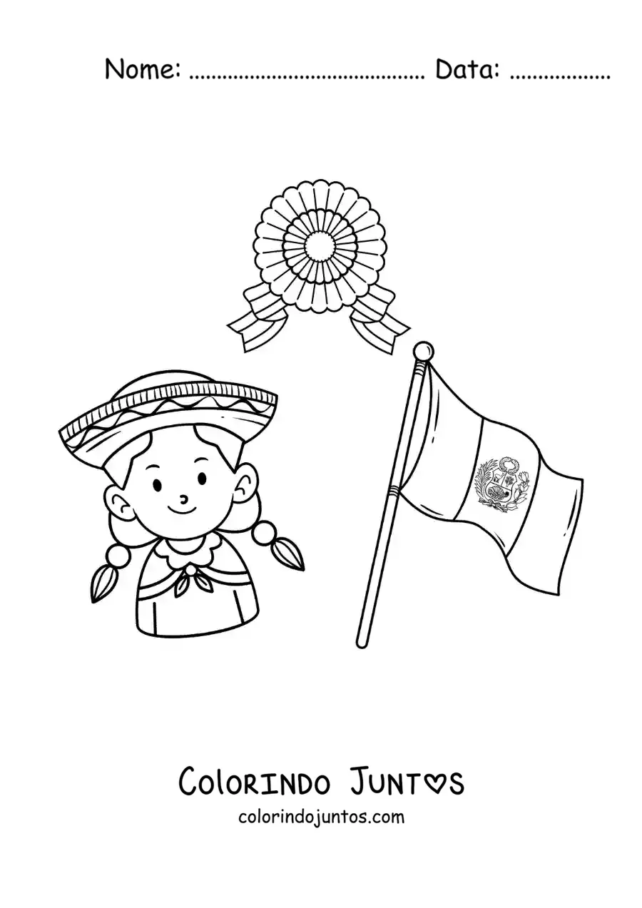 Desenho para colorir de menina com a bandeira do Peru