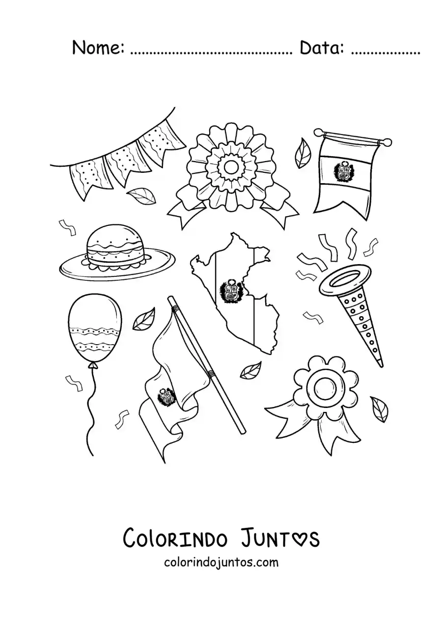 Desenho para colorir de bandeira e mapa do Peru