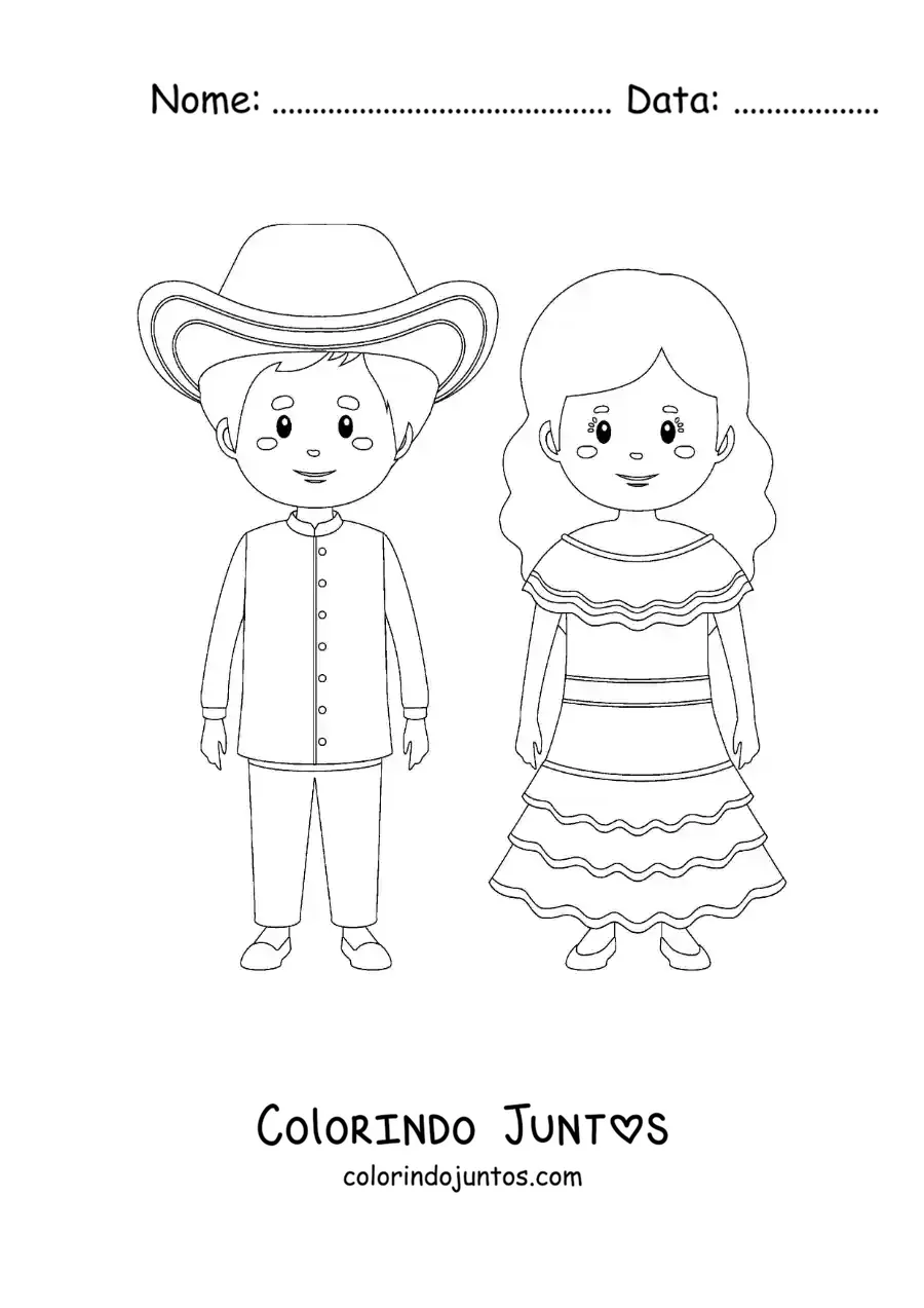 Desenho para colorir de casal com traje tradicional venezuelano