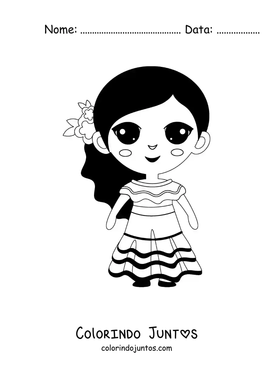 Desenho para colorir de menina com vestido tradicional da Venezuela