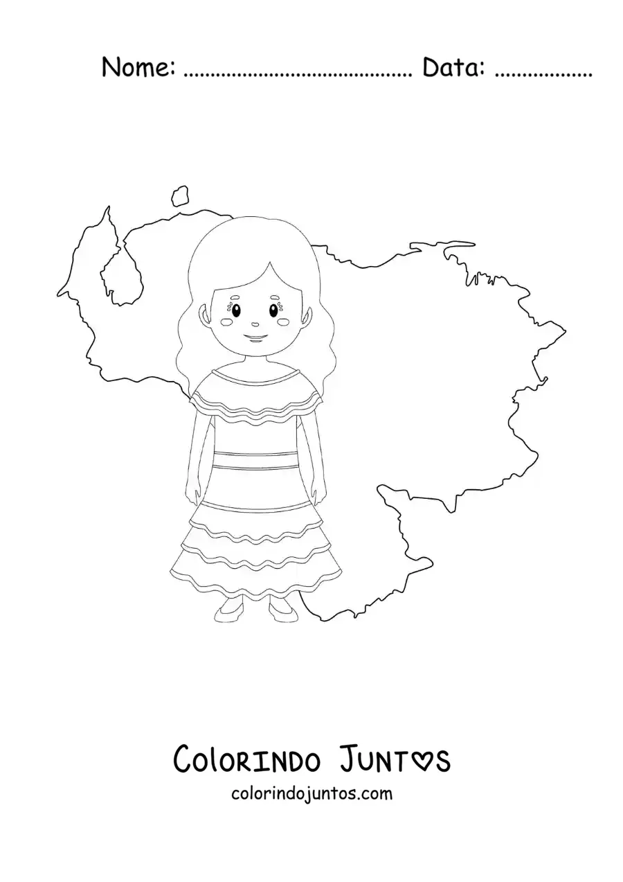 Desenho para colorir de menina com traje tradicional e o mapa da Venezuela