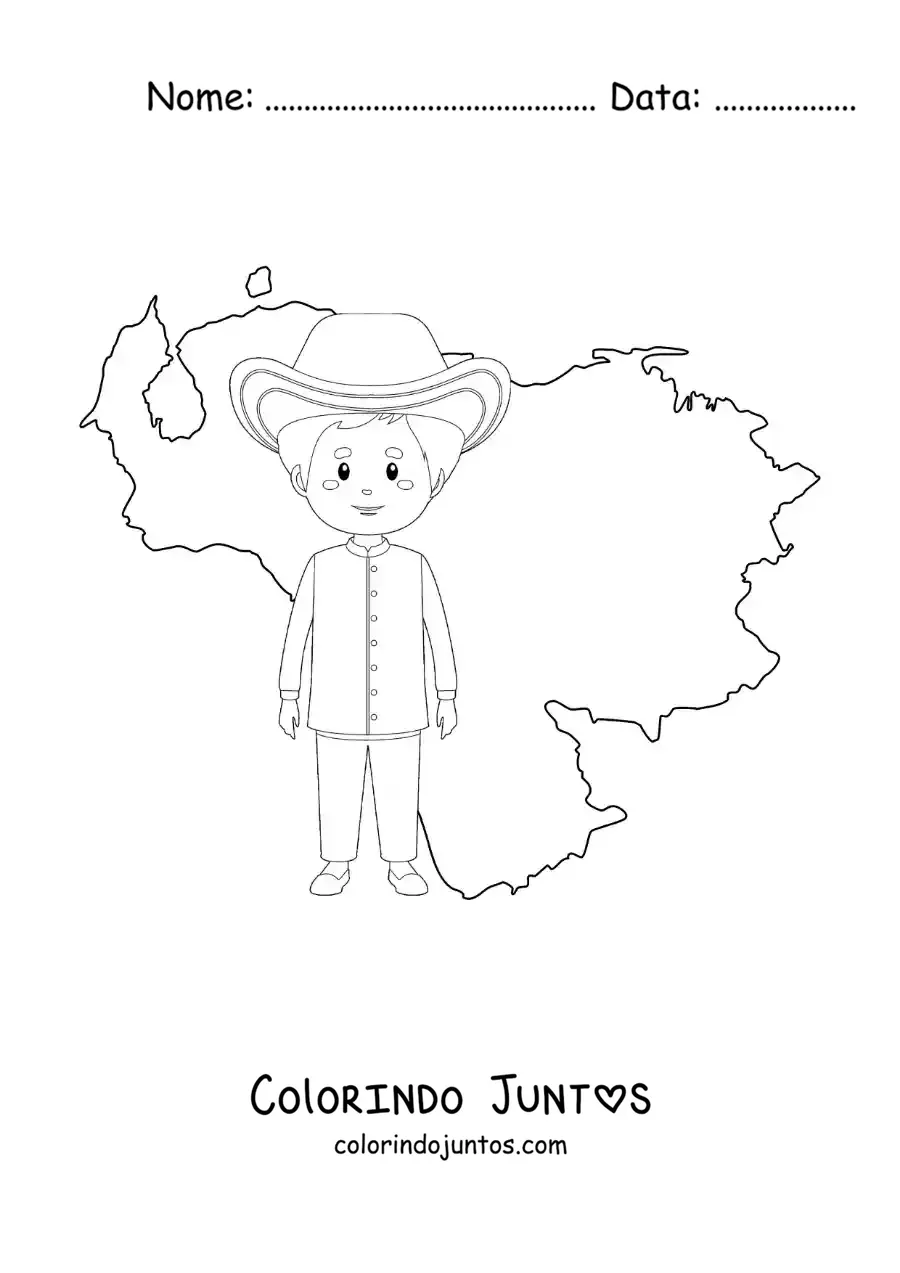 Desenho para colorir de menino com traje tradicional e o mapa da Venezuela