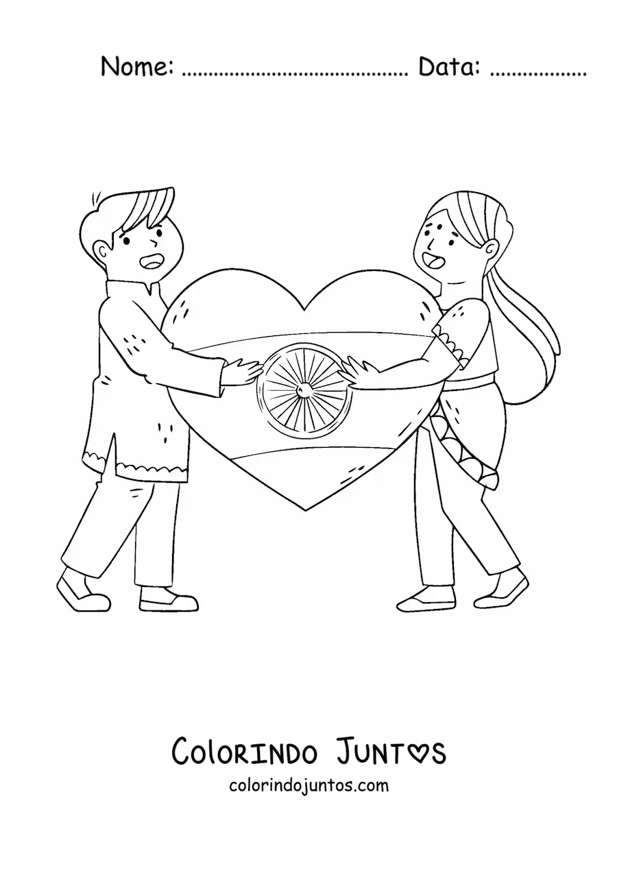 Desenho para colorir de criancas da India com bandeira em forma de coracao