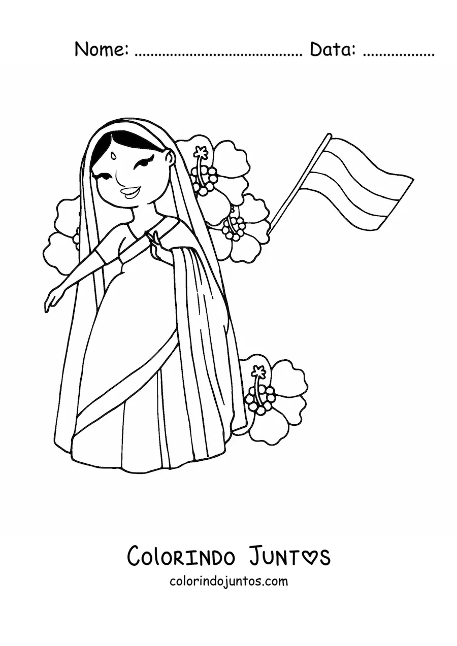 Desenho para colorir de mulher da India com a bandeira