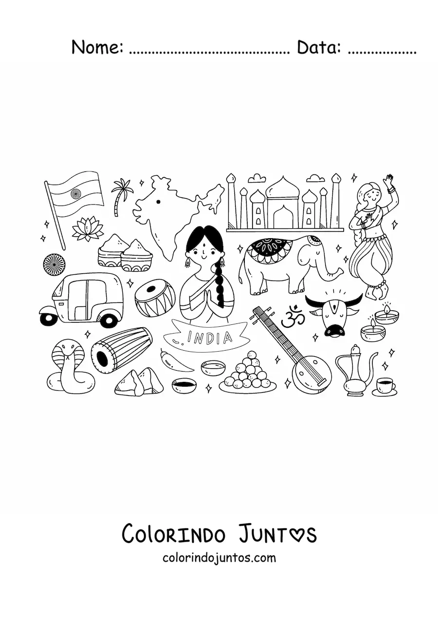 Desenho para colorir de elefante e elementos da cultura da India