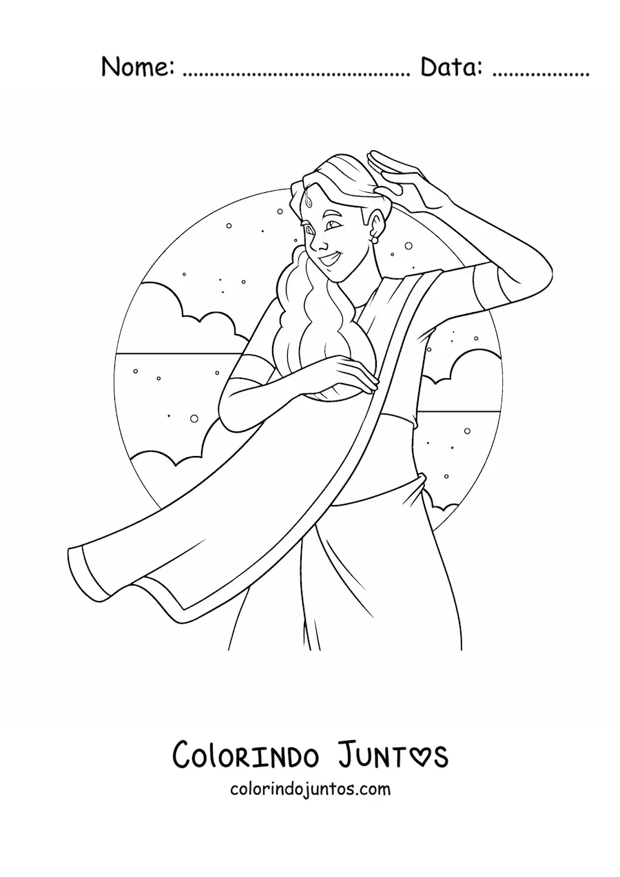 Desenho para colorir de menina da India com traje tradicional