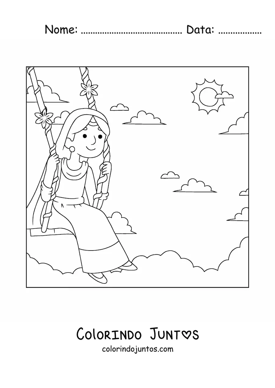 Desenho para colorir de menina da India com traje tradicional