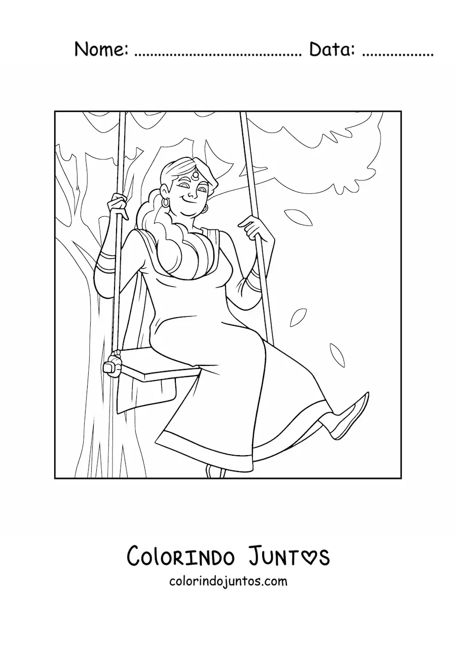 Desenho para colorir de menina da India celebrando o festival tradicional Teej