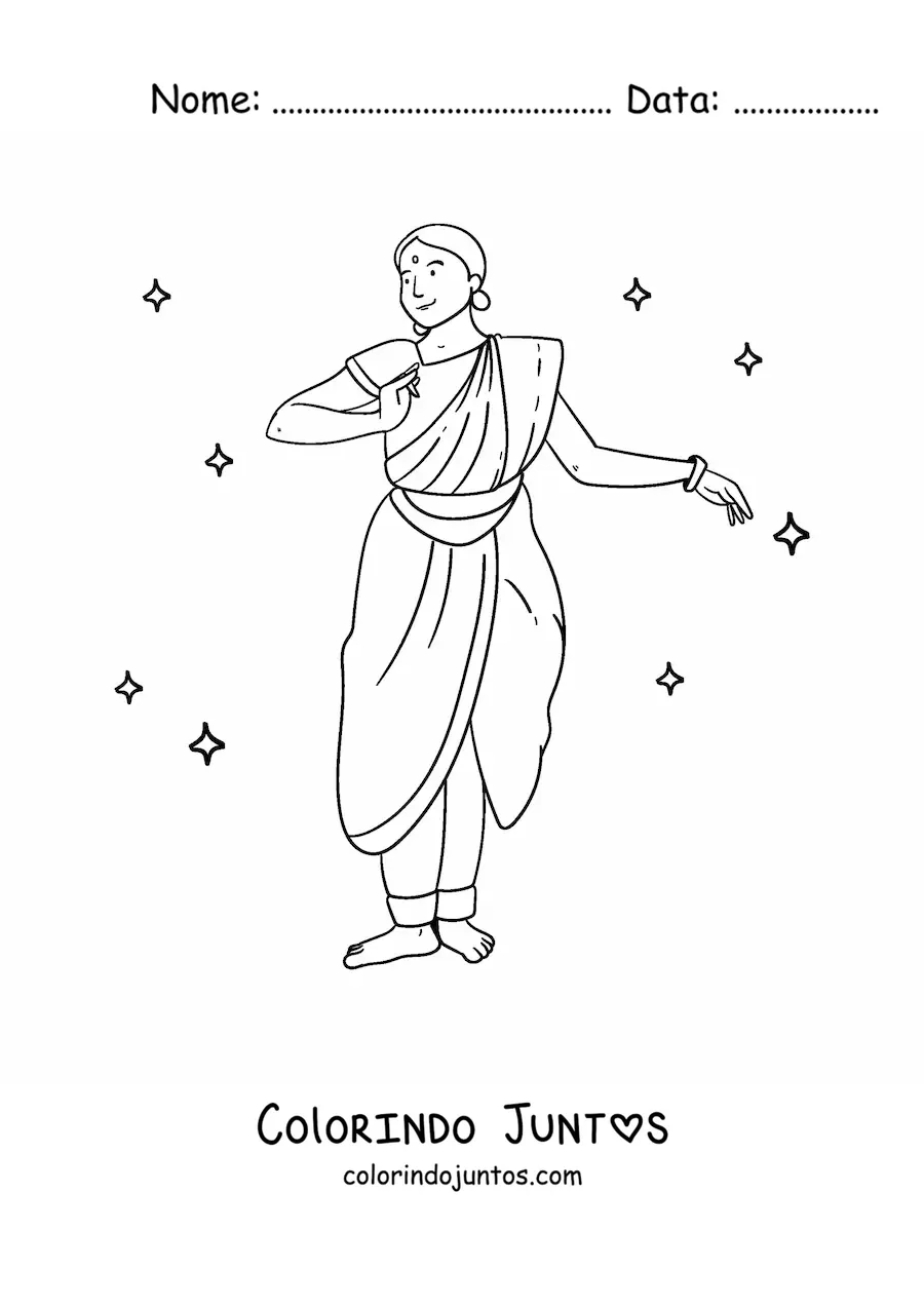 Desenho para colorir de menina indiana dancando com traje tradicional