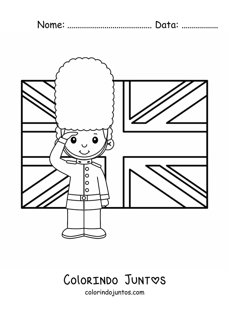 Desenho para colorir de guarda real animado com a bandeira do Reino Unido