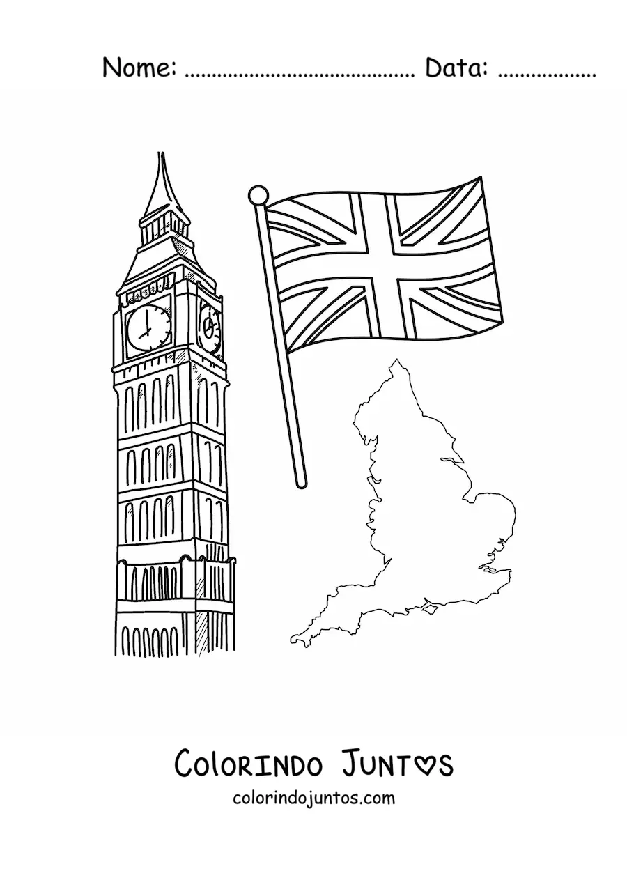 Desenho para colorir de Big Ben com a bandeira do Reino Unido e o mapa da Inglaterra