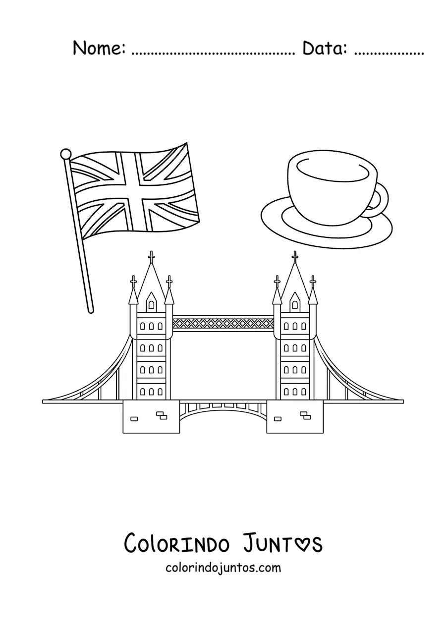 Desenho para colorir de bandeira do Reino Unido com a ponte de Londres