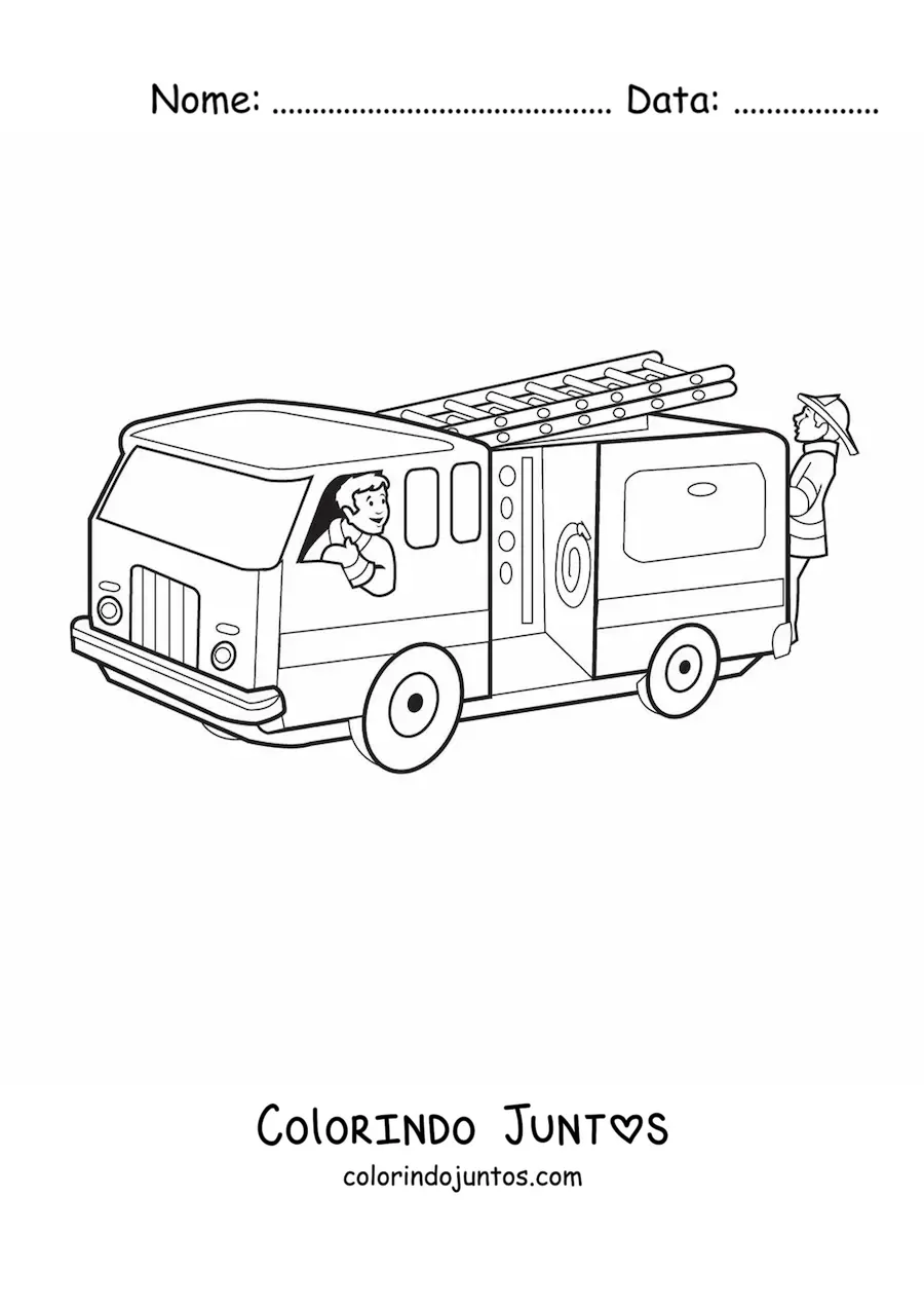Desenho para colorir de dois bombeiros animados em um caminhao de bombeiros