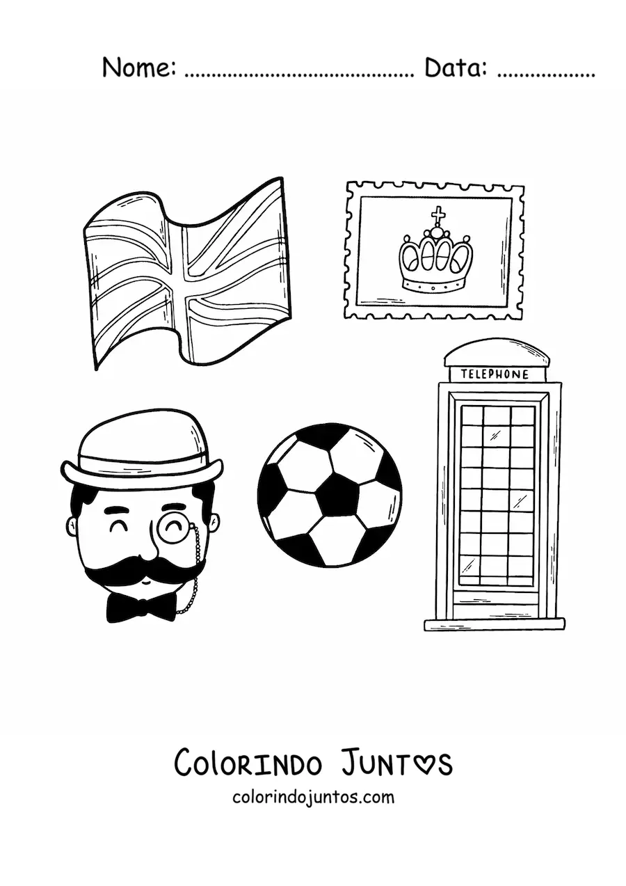 Desenho para colorir de elementos da cultura inglesa e bandeira do Reino Unido